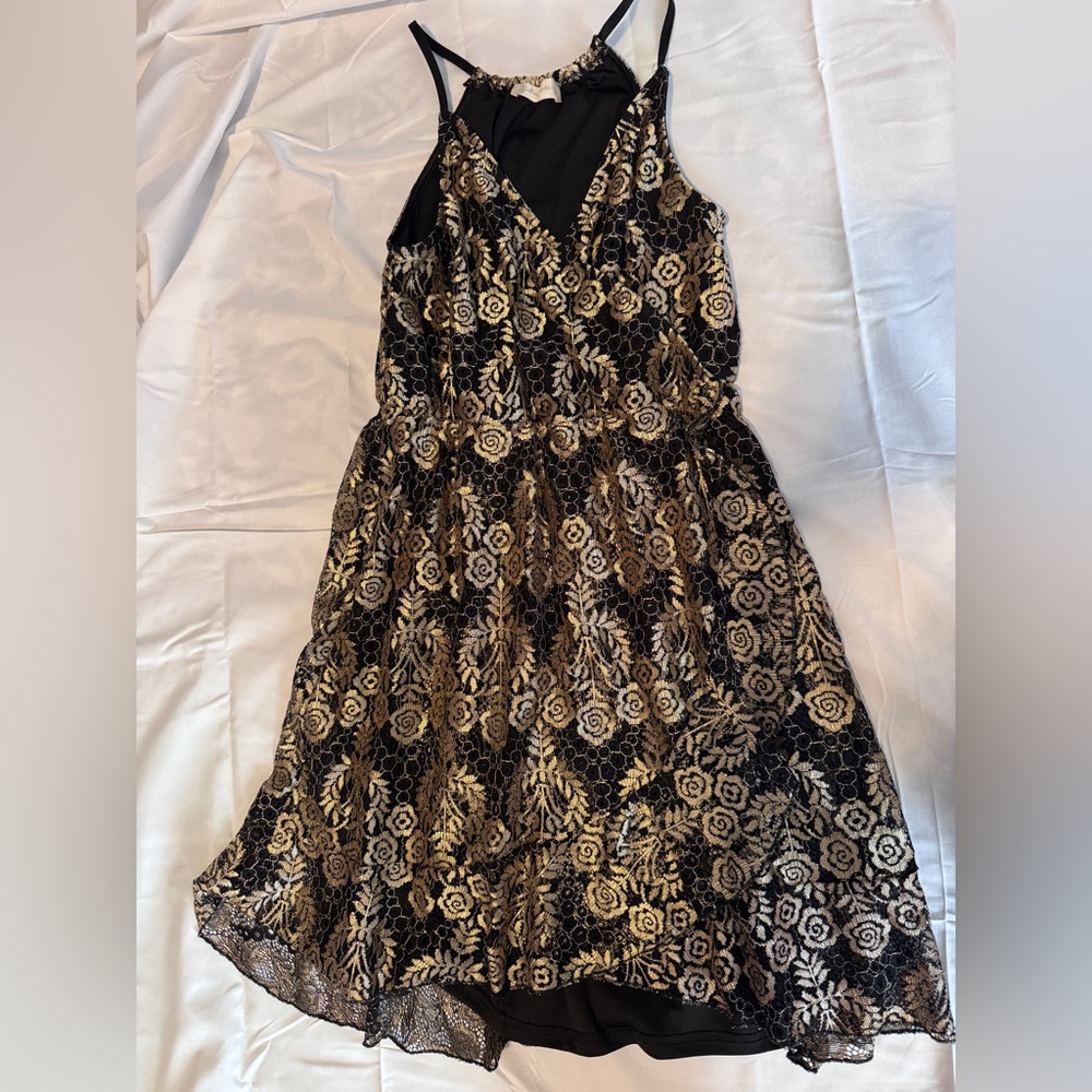 Altar’d State Gold Lace V Neck Spaghetti Strap Faux Wrap Party Dress Metallic